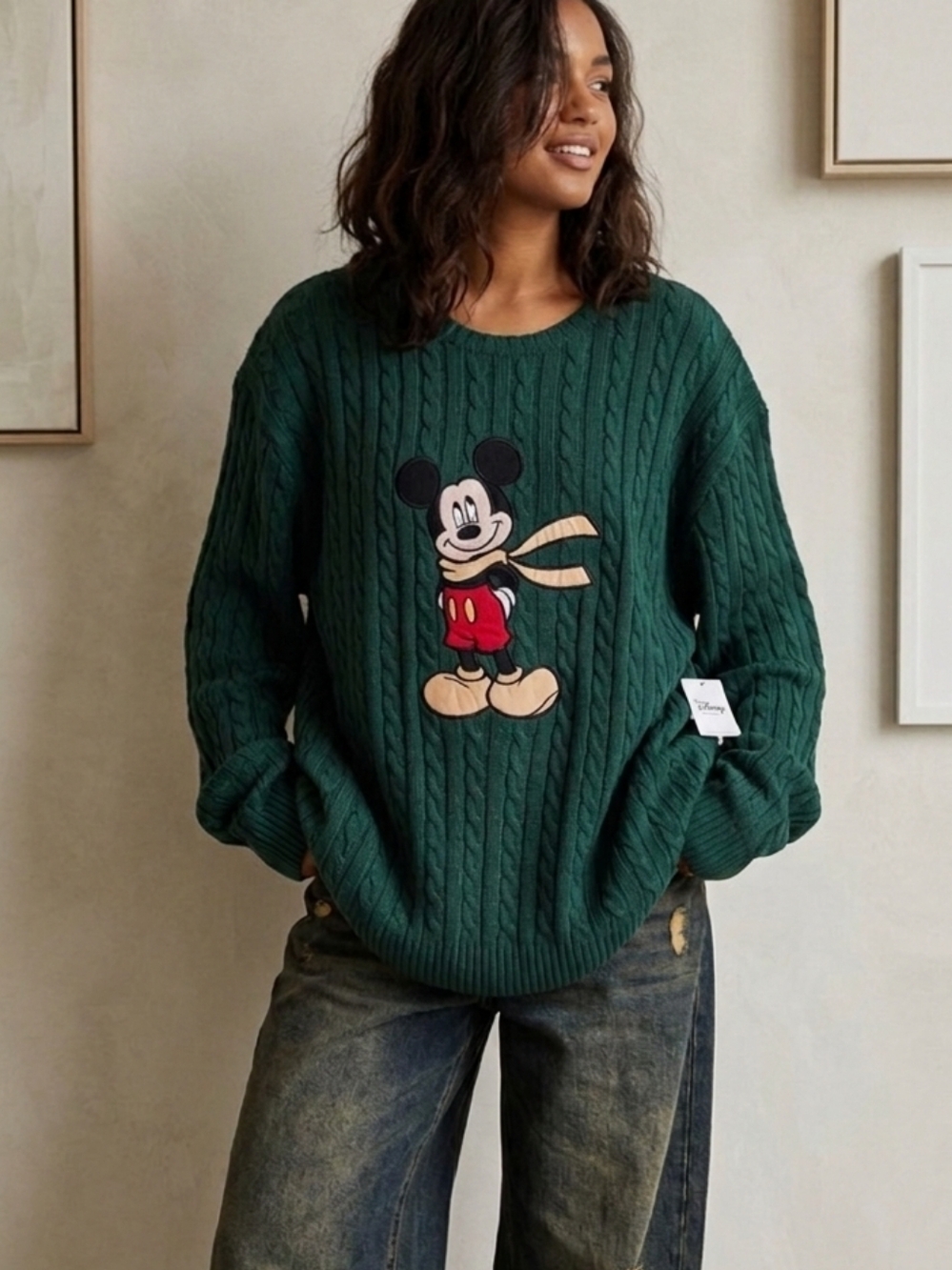 New! Disney Store Mickey Mouse Cable Knit Crewneck Sweater NWT XXL Forest Green